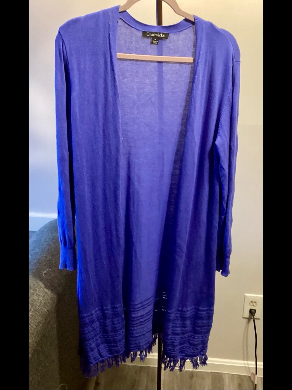 M Cotton Blend Chadwicks Long Periwinkle Blue Fringed Hem Cardigan Long Sleeves
